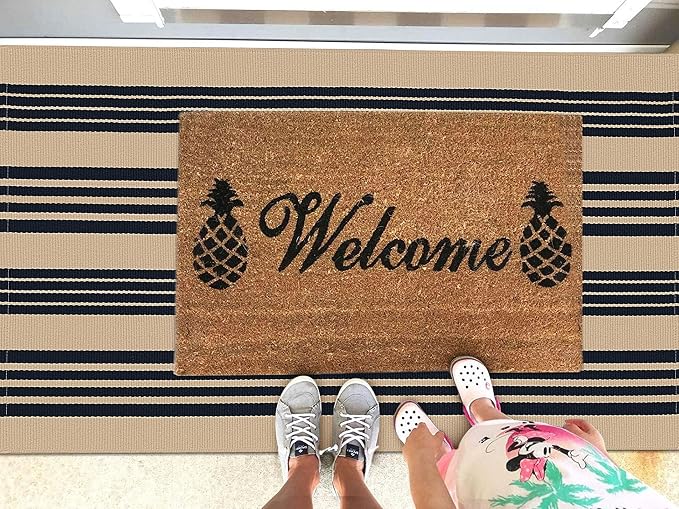 KOZYFLY Striped Front Door Mat 3x5 Ft Brown and Black Front Door Rug Cotton - Image 3