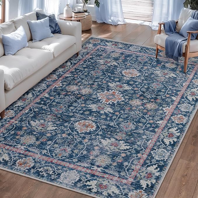 Tangsoo 5x7 Area Rug for Living Room Non Slip, Washable Vintage Blue Floral Rug by Tangsoo