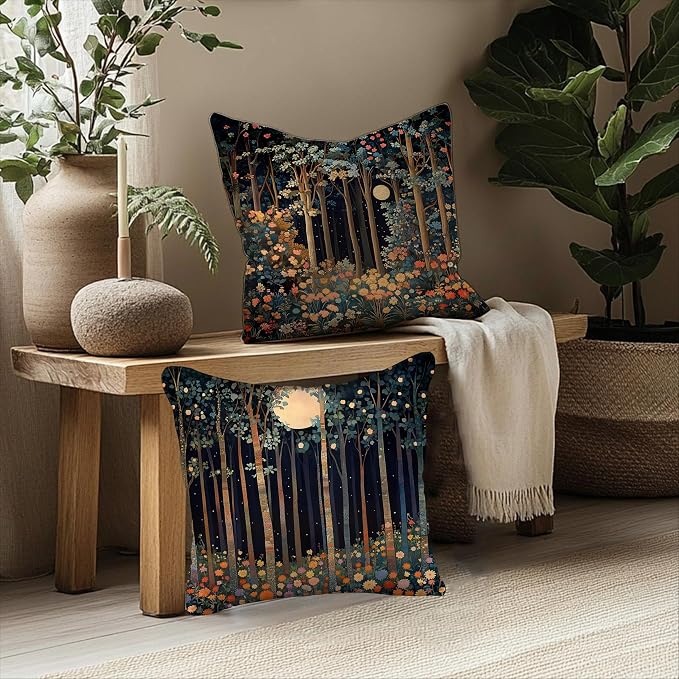 Vintage William Morris Moon Inspired Forest Decor Throw Pillow Covers 18x18 Set - Image 5