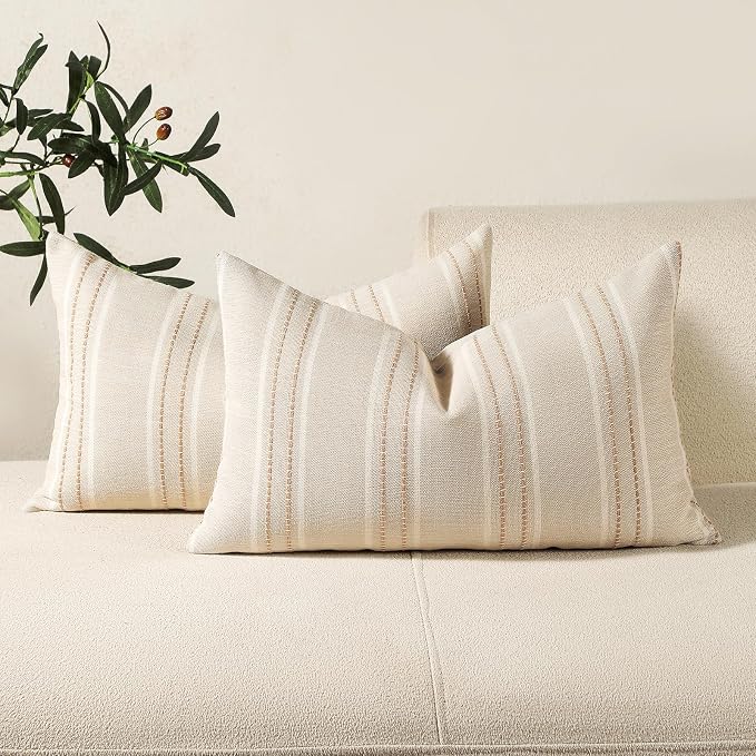 Hckot Throw Pillow Covers 12x20 Set of 2 Striped Pillow Covers Textured Linen by Hckot