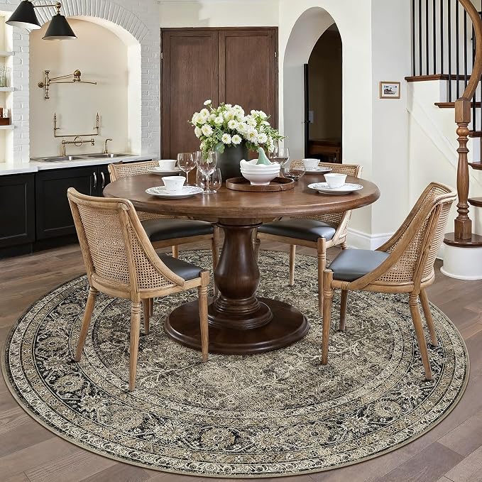 PureCozy Brown Round Area Rug 8ft Washable 8x8 Circle Vintage Low Pile Indoor - Image 3