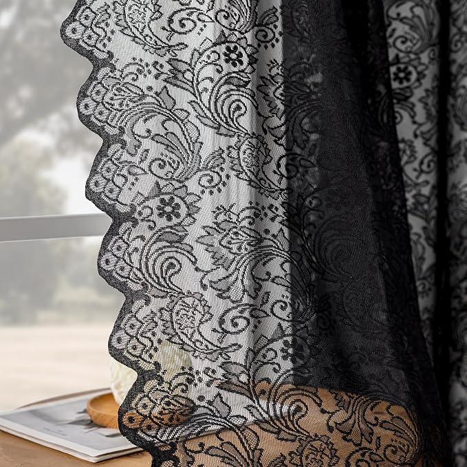 Rinwoc Black Lace Semi-Sheer Valance Curtains – Vintage Floral Lace - Image 5