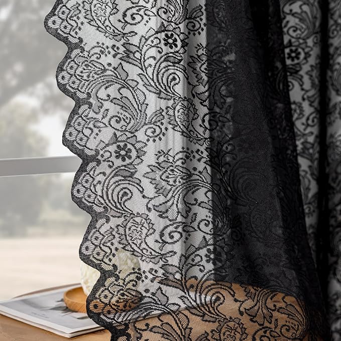Rinwoc Black Lace Semi-Sheer Kitchen Valance Curtains – Vintage Floral Lace - Image 5