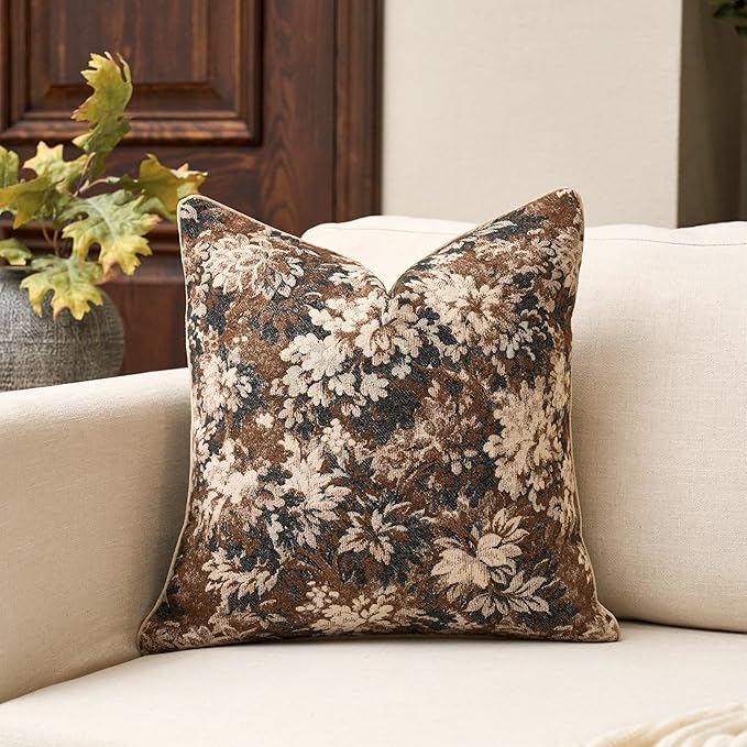 Yangest Neutral Floral Pillow Cover 24 x 24 Inches, Vintage Chenille Square by Yangest