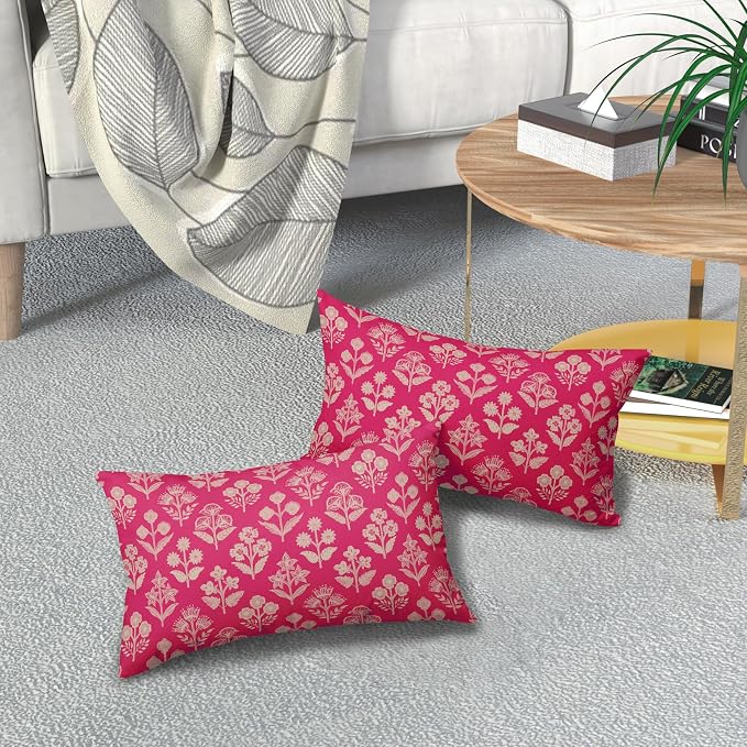 Hot Pink Pillow Covers 12x20 Inch Set of 2, Cream Floral Block Print Pattern - Image 7