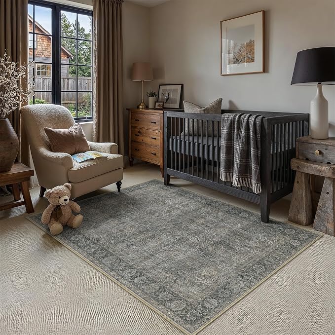 PureCozy Vintage Area Rug 4x5 Grey Brown Entryway Office Washable Carpet Non by PureCozy