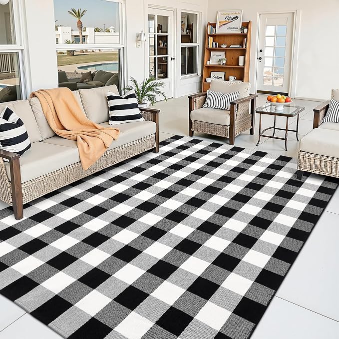 OLANLY Buffalo Plaid Rug 5' x 7' – Black and White Cotton Checkered Doormat - Image 3