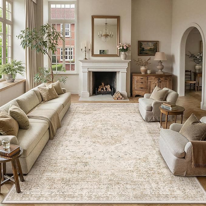 PureCozy 9x12 Washable Area Rug Beige Vintage Distressed Large Rug by PureCozy