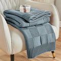 CozeCube Check Knit Throw Blanket, Dusty Blue Checkered Throw by CozeCube
