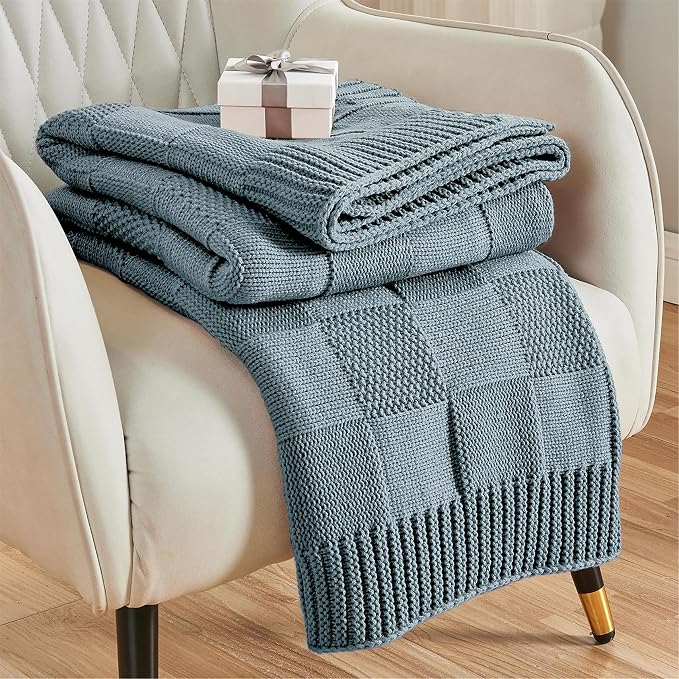 CozeCube Check Knit Throw Blanket, Dusty Blue Checkered Throw by CozeCube