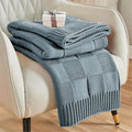 CozeCube Check Knit Throw Blanket, Dusty Blue Checkered Throw by CozeCube
