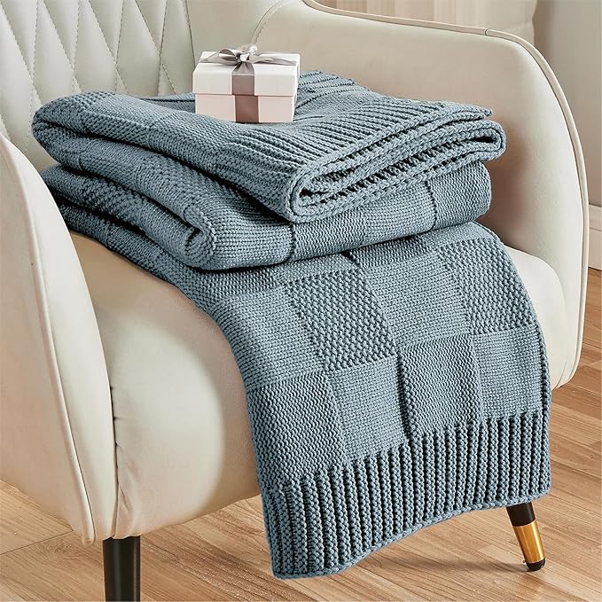 CozeCube Check Knit Throw Blanket, Dusty Blue Checkered Throw by CozeCube