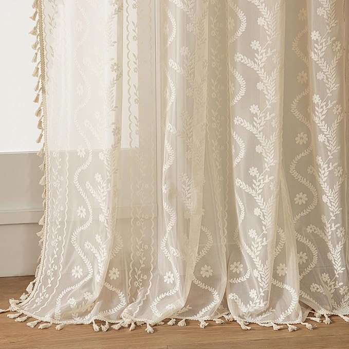 WAZZIO Boho Lace Curtains 2 Panels 45 Inches -Cute Vintage Victorian Sheer by WAZZIO