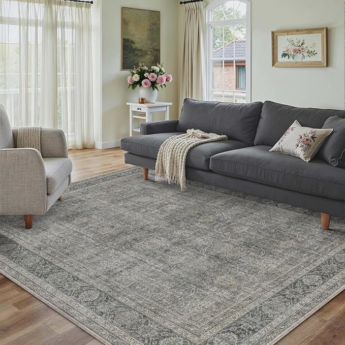 PureCozy Vintage Area Rug 5x7 Grey Brown Washable Living Room Large Carpet Non - Image 6