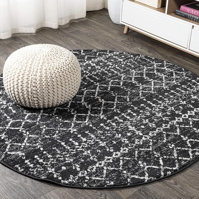 JONATHAN Y Boho Vintage Diamond Black/Ivory Round Area Rug 7 ft, Moroccan Hype by JONATHANY