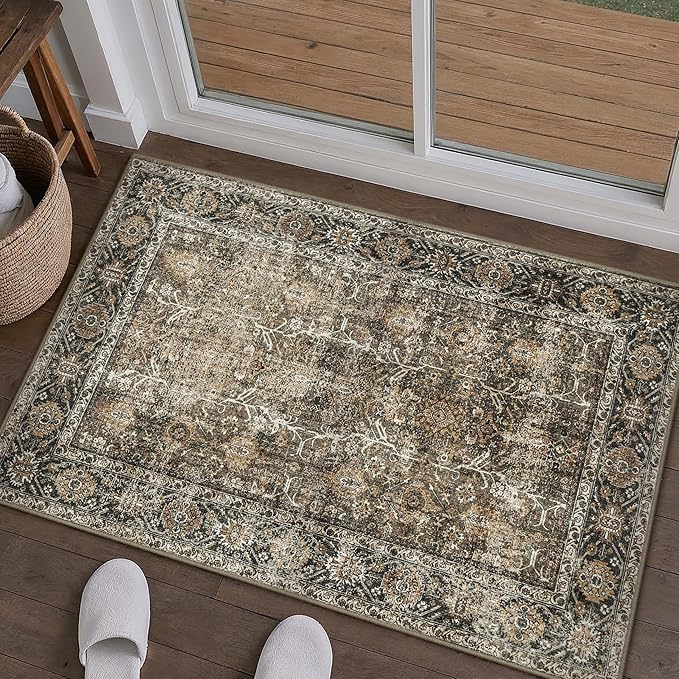 PureCozy Brown Entryway Rug 2x3 Vintage Area Carpet Indoor Kitchen Washable - Image 2
