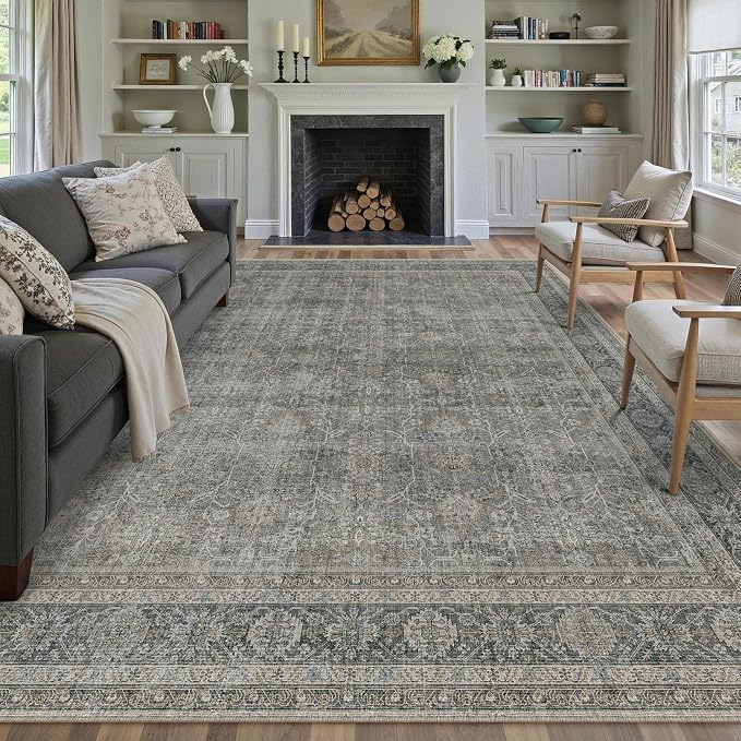 PureCozy Vintage Area Rug 8x10 Grey Brown Washable Living Room Large Carpet Non - Image 7