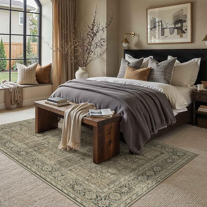 PureCozy Vintage Area Rug 5x7 Light Brown Bedroom Indoor Kitchen Washable - Image 4