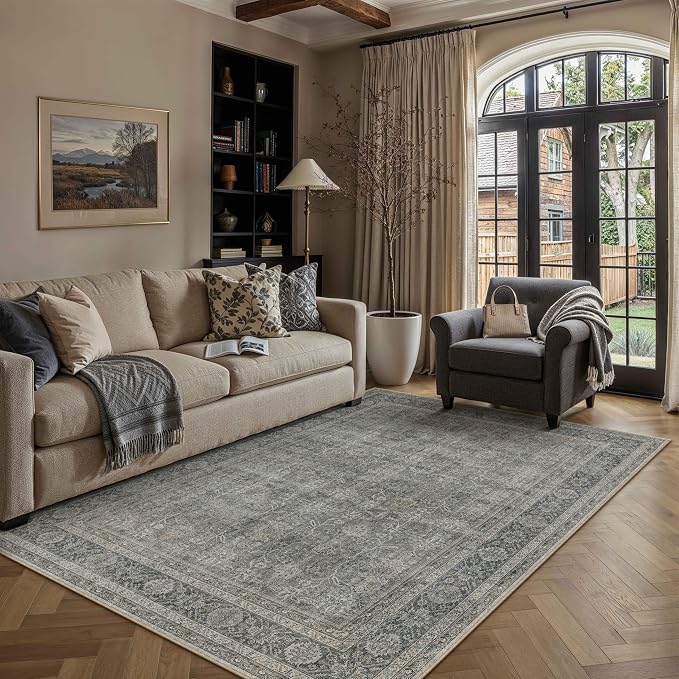 PureCozy Vintage Area Rug 5x7 Grey Brown Washable Living Room Large Carpet Non by PureCozy