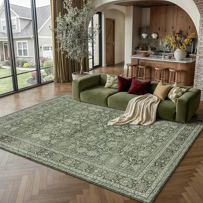 PureCozy Area Rug 5x7 Green Washable Living Room Carpet Soft Non Slip Vintage by PureCozy