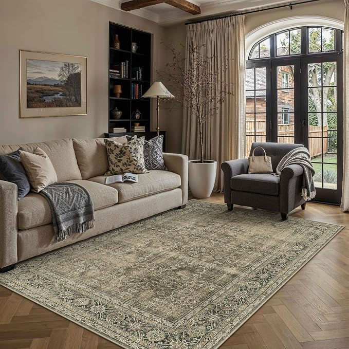 PureCozy Vintage Area Rug 5x7 Light Brown Bedroom Indoor Kitchen Washable by PureCozy
