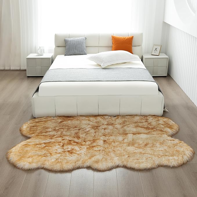 Fluffy Faux Fur Rug White Yellow Sheepskin Area Rug, 4x6 Ft Ultra Soft Shaggy - Image 3