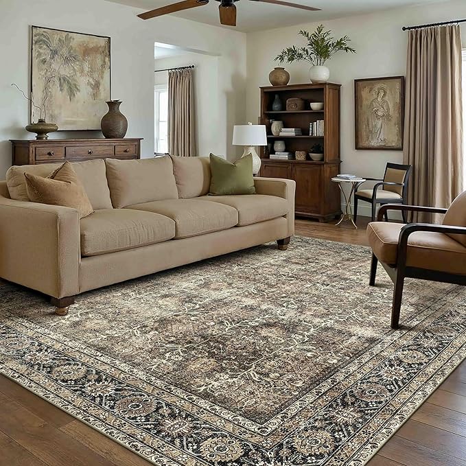 PureCozy Vintage Area Rug 6x9 Brown Washable Living Room Large Carpet Non Slip by PureCozy