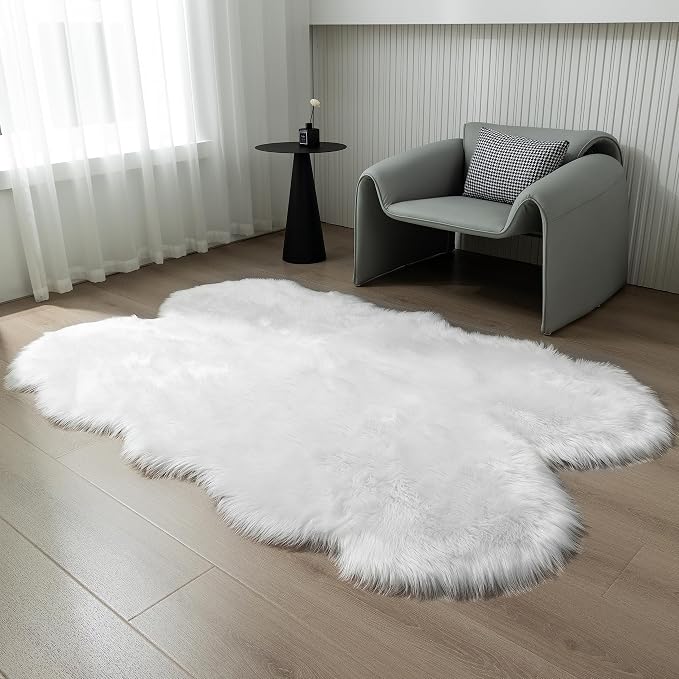 Fluffy Faux Fur Rug White Sheepskin Area Rug, 4x6 Ft Ultra Soft Shaggy Plush Rug - Image 4