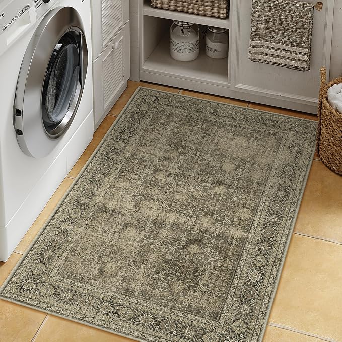 PureCozy Vintage Area Rug 3x5 Light Brown Bedroom Indoor Kitchen Washable by PureCozy