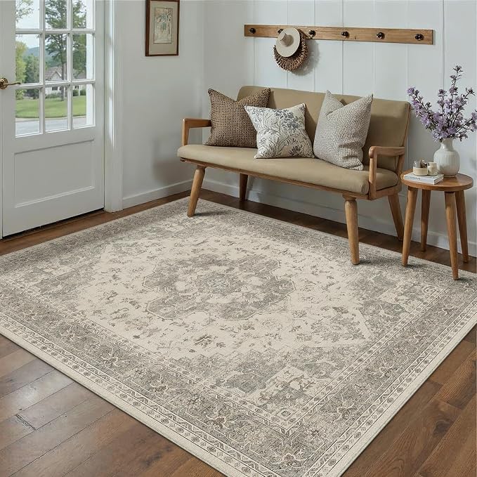 PureCozy 5x7 Washable Area Rug Beige Grey Vintage Distressed Rug - Image 4