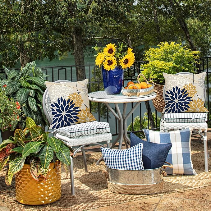 Outdoor Pillow Covers 16x16 Inch Set of 2 Navy Blue Yellow Outdoor Waterproof - Image 5