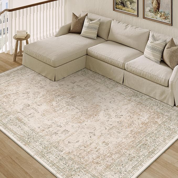 PureCozy 5x8 Washable Area Rug Beige Vintage Distressed Living Room Carpet by PureCozy