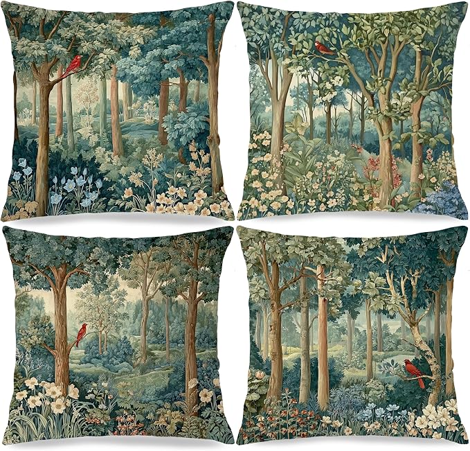 Rustic Spring Forest Green Pillow Covers 18x18 Set of 4, Cottagecore Forest by Unknown