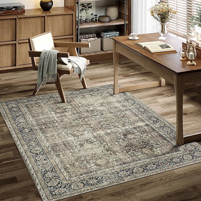 PureCozy Vintage Area Rug 4x5 Brown Entryway Office Washable Carpet Non Slip by PureCozy