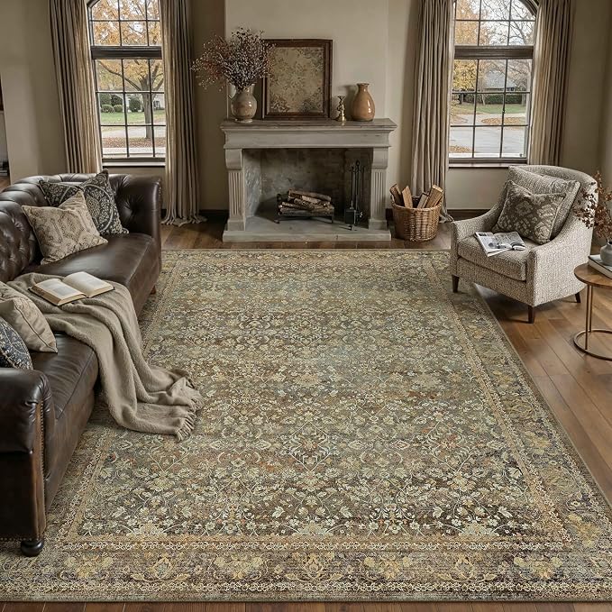 PureCozy Area Rug 5x7 Brown Living Room Washable Vintage Carpet Non Slip Indoor by PureCozy