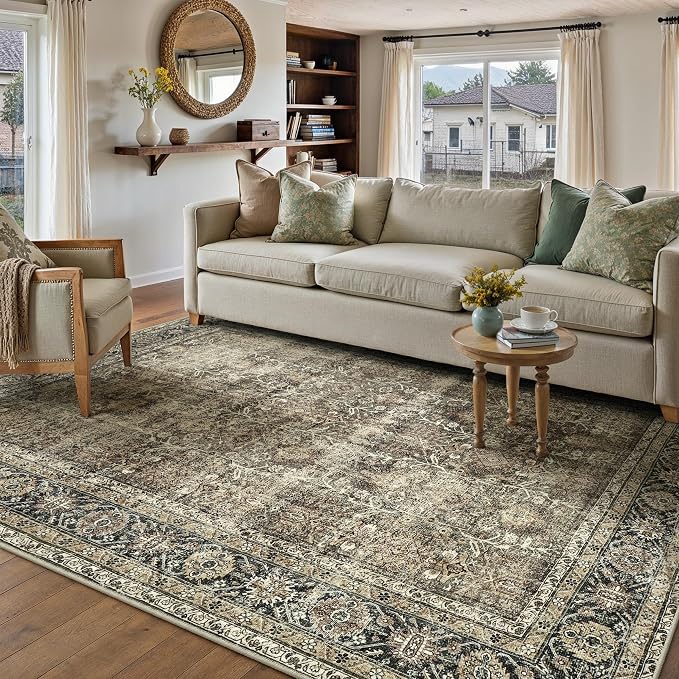 PureCozy Vintage Area Rug 6x9 Brown Washable Living Room Large Carpet Non Slip - Image 3