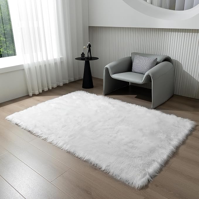 Fluffy Faux Fur Rug White Sheepskin Area Rug, 4x6 Ft Ultra Soft Shaggy Plush Rug - Image 6