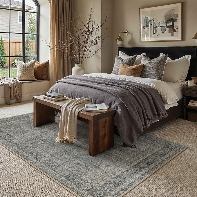 PureCozy Vintage Area Rug 5x7 Grey Brown Washable Living Room Large Carpet Non - Image 2