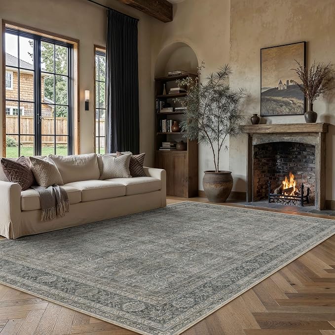 PureCozy Vintage Area Rug 6x9 Grey Brown Washable Living Room Large Carpet Non - Image 2