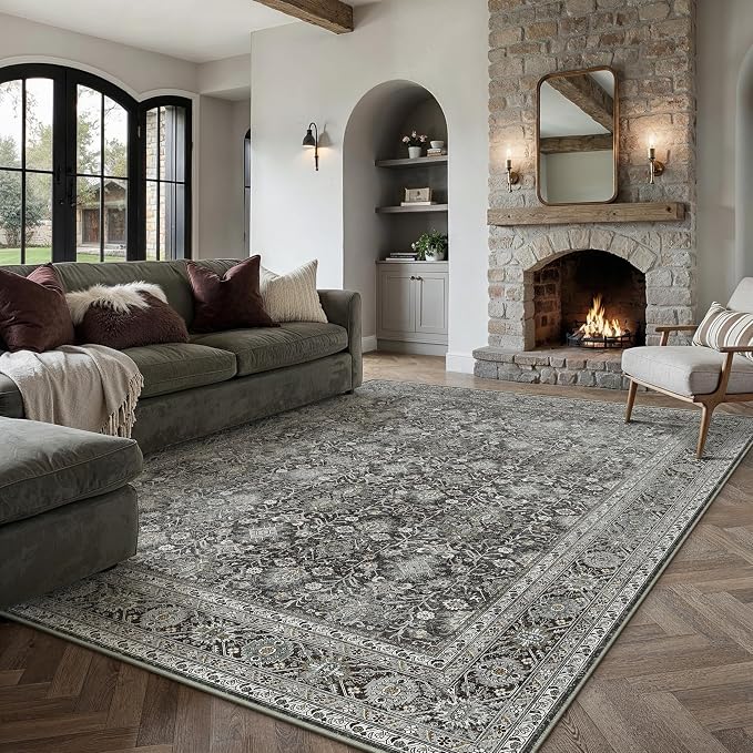 PureCozy Vintage Area Rug 6x9 Black Washable Living Room Large Carpet Non Slip by PureCozy