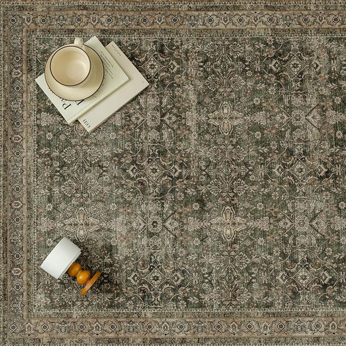 PureCozy 8x10 Area Rug for Living Room Green Brown Vintage Washable Bedroom - Image 6