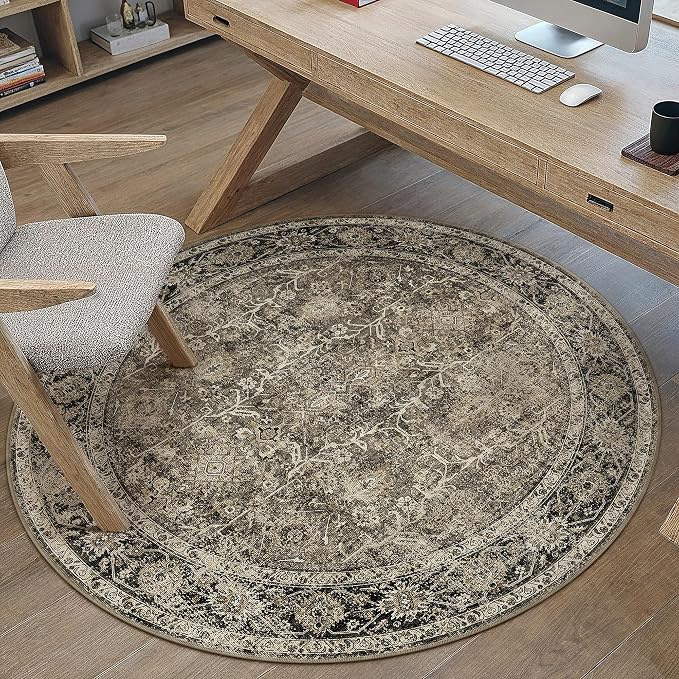 PureCozy Brown Round Area Rug 4ft Entryway 4x4 Circle Vintage Indoor Kitchen - Image 3
