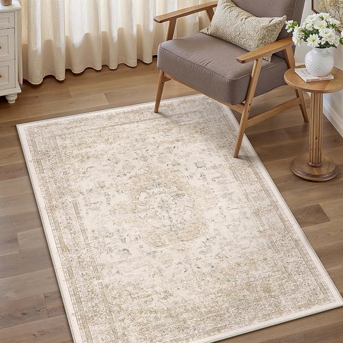 PureCozy Entryway Area Rug 3x5 Washable Beige Vintage Distressed Carpet - Image 5