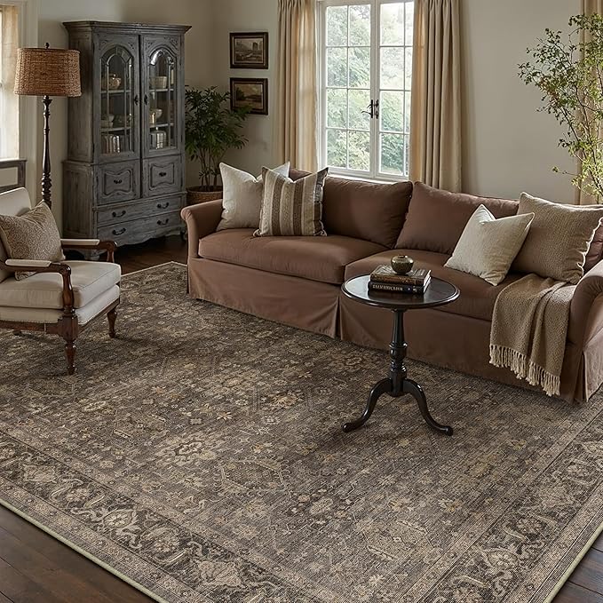 10x14 Washable Area Rug for Living Room Bedroom Vintage Brown Non Slip Carpet - Image 4