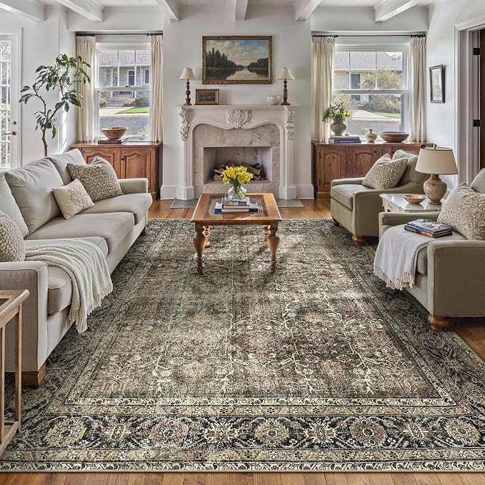 PureCozy Vintage Area Rug 10x14 Brown Washable Living Room Large Carpet Non by PureCozy