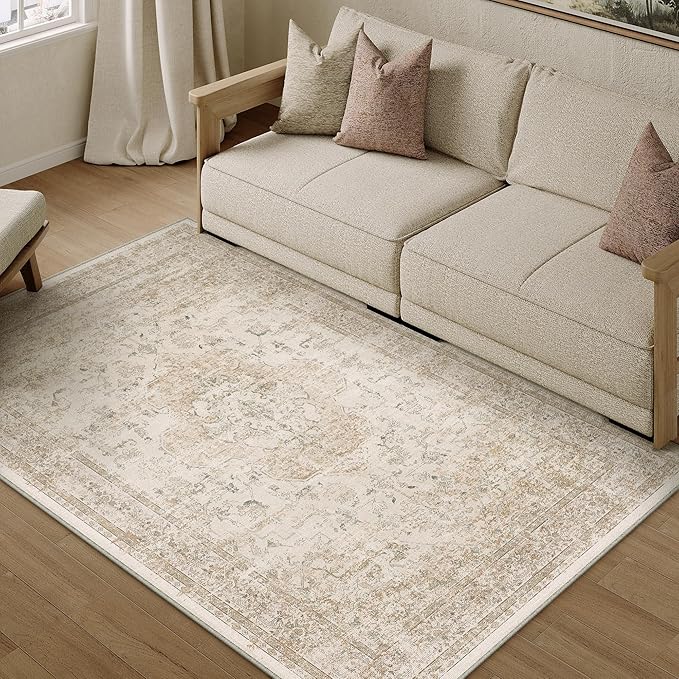 PureCozy 4x6 Washable Area Rug Beige Vintage Distressed Rug - Image 4