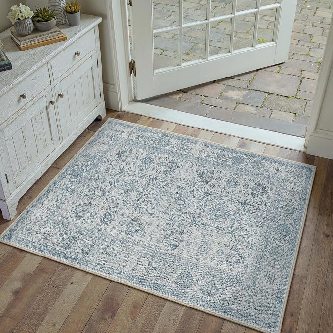 PureCozy Blue Area Rug 2x3 Entryway Washable Soft Carpet Vintage Non Slip by PureCozy