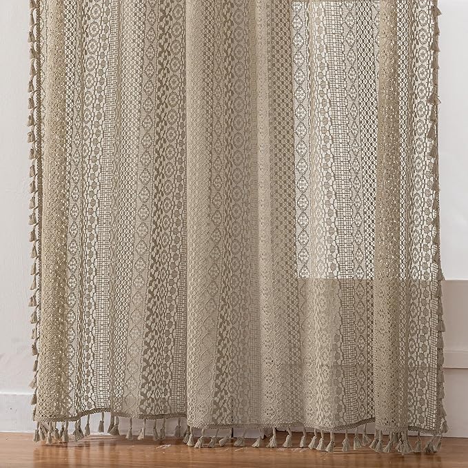 WAZZIO Boho Lace Curtains 63 Inches 2 Panel, Light Filtering Privacy Tassel & - Image 5