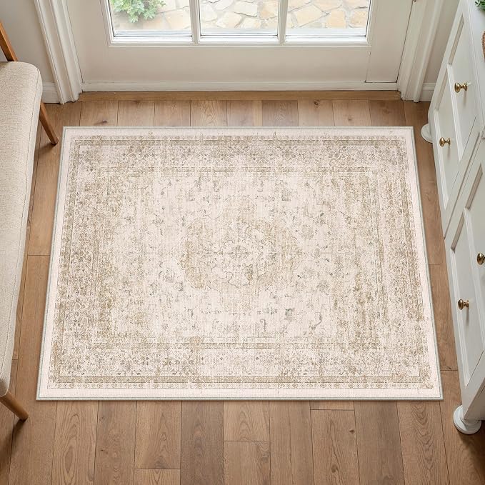 PureCozy Entryway Area Rug 2x3 Beige Vintage Distressed Indoor Carpet Oriental by PureCozy