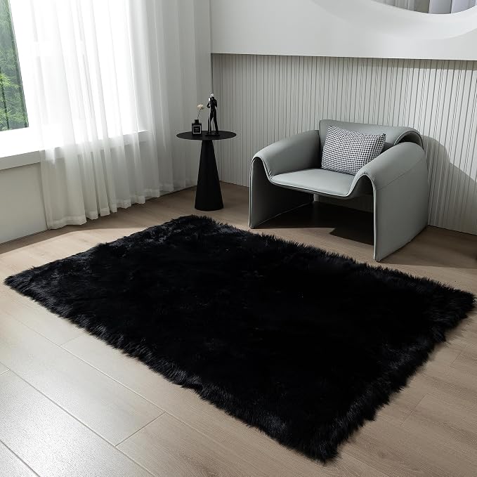 Fluffy Faux Fur Rug Black Sheepskin Area Rug, 4x6 Ft Ultra Soft Shaggy Plush Rug - Image 3